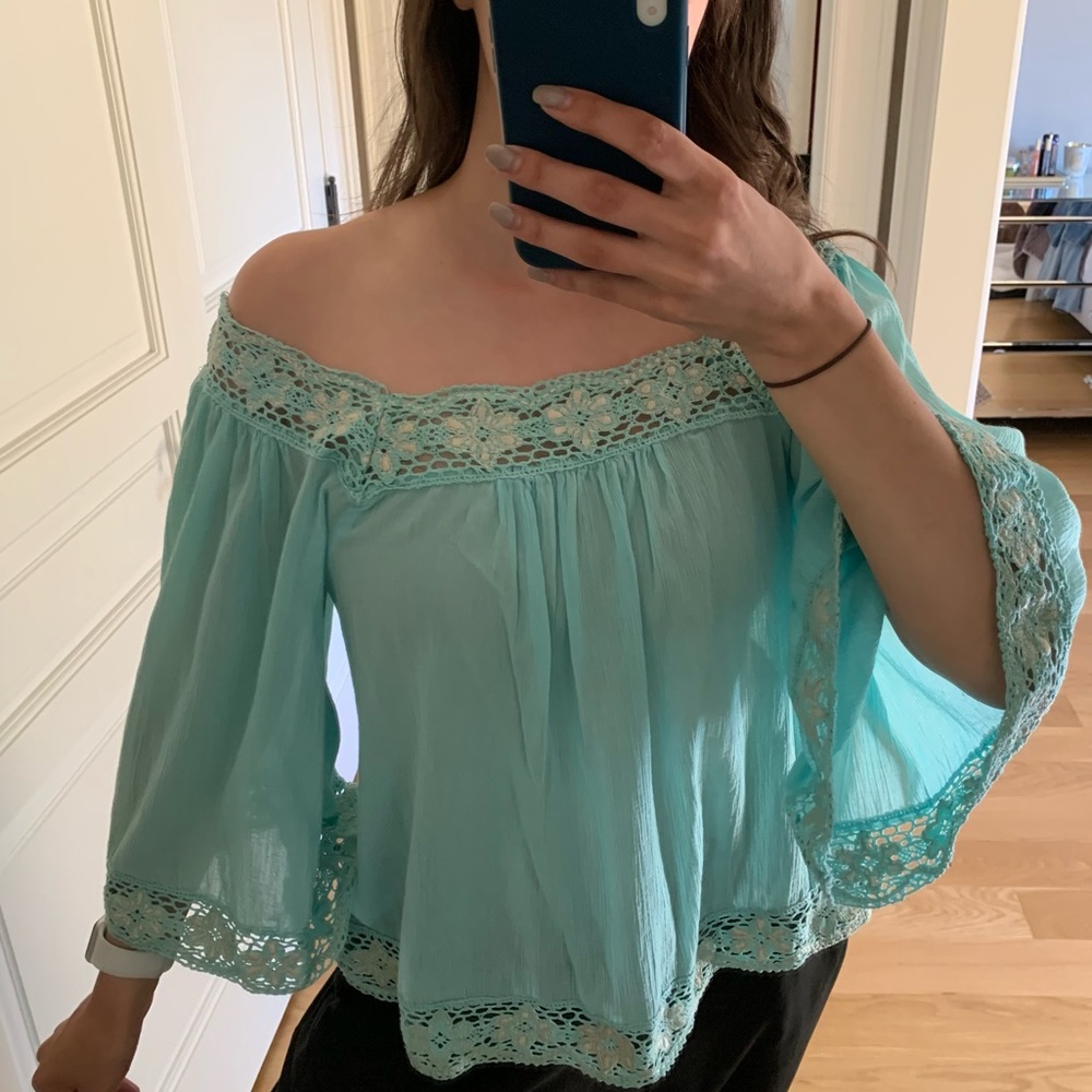 NOUGAT LONDON BLUE OFF THE SHOULDER TOP